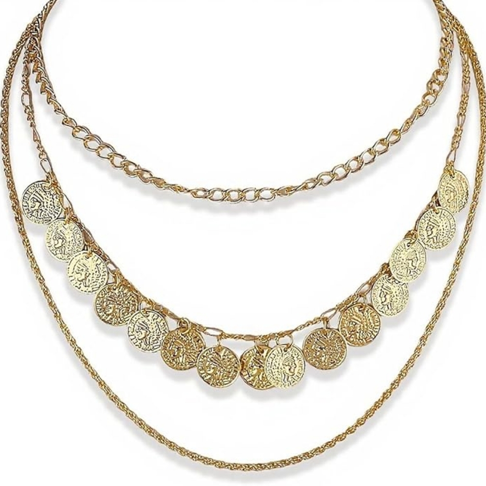 Vintage Pirate Coin Layered Necklace | Chunky Gold Chain 80s 90s Statement Jewel